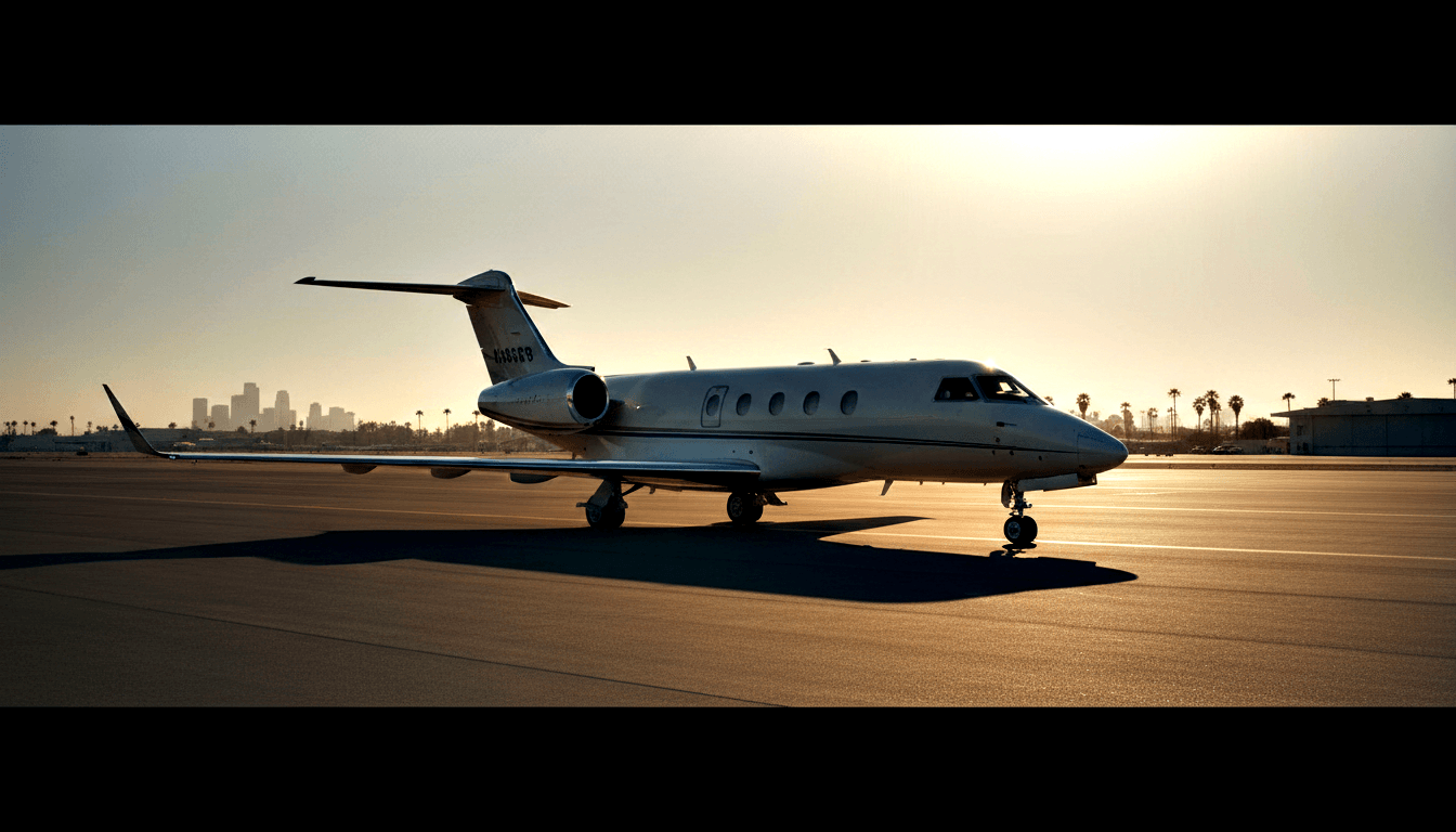 White business jet with T-tail, winglets, and rear-mounted engines on a tarmac at golden hour, city skyline and palm trees in background.
