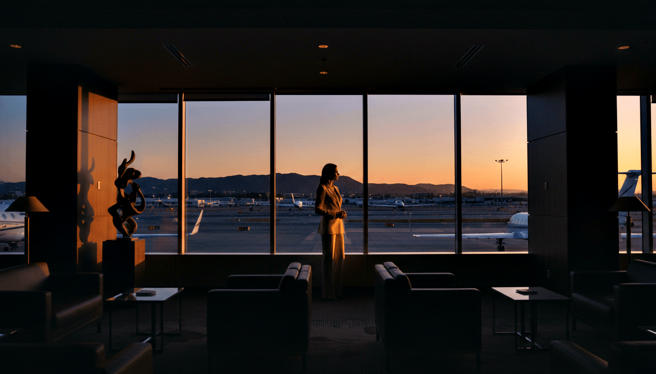 Woman in cream pantsuit with long dark hair stands before floor-to-ceiling windows overlooking airport tarmac, aircraft, and mountains.
