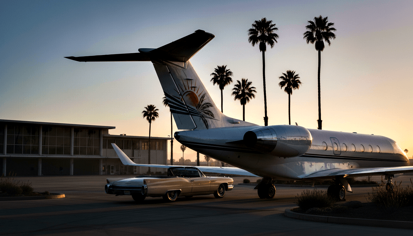Twin-engine executive jet with sun and palm tree tail motif parked at dusk, a cream classic convertible beneath the wing.