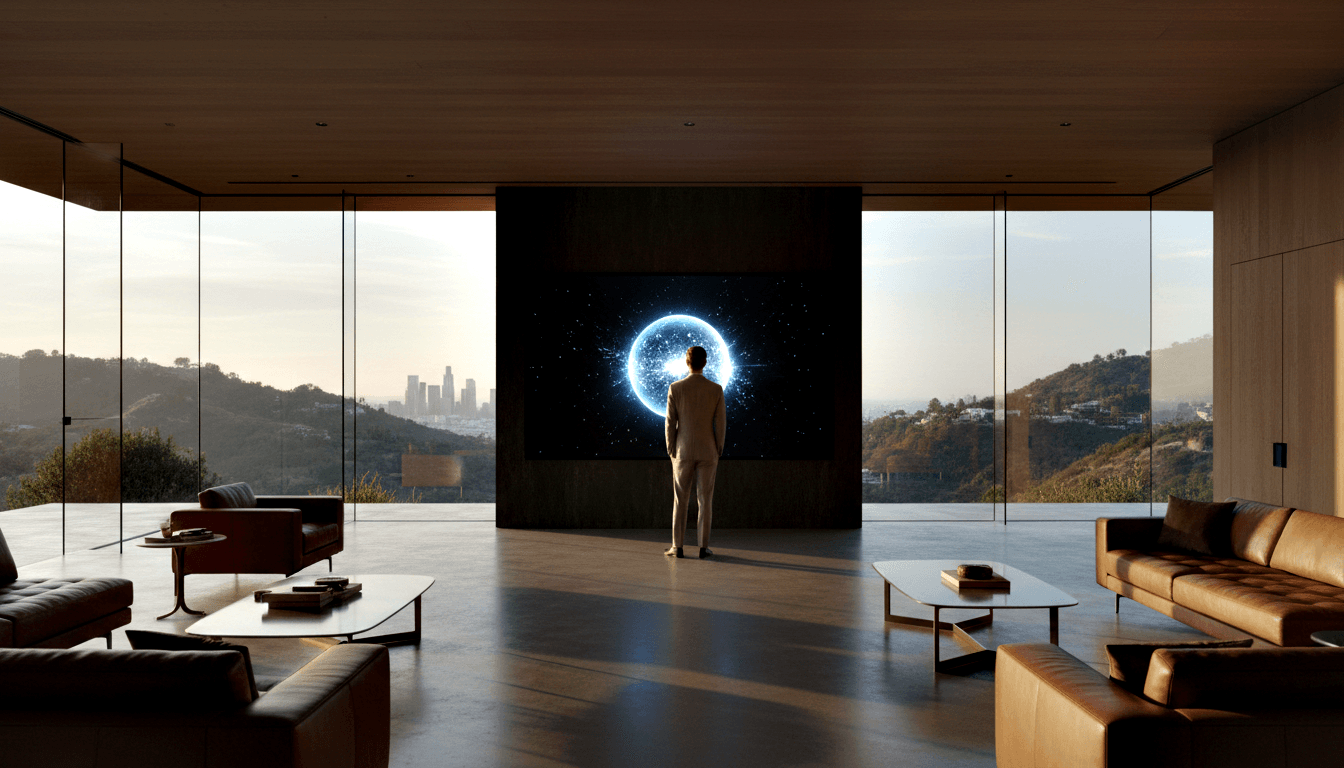 Person in beige suit facing a large dark screen showing a glowing blue-white spherical orb, in a glass-walled interior with wood ceiling.
