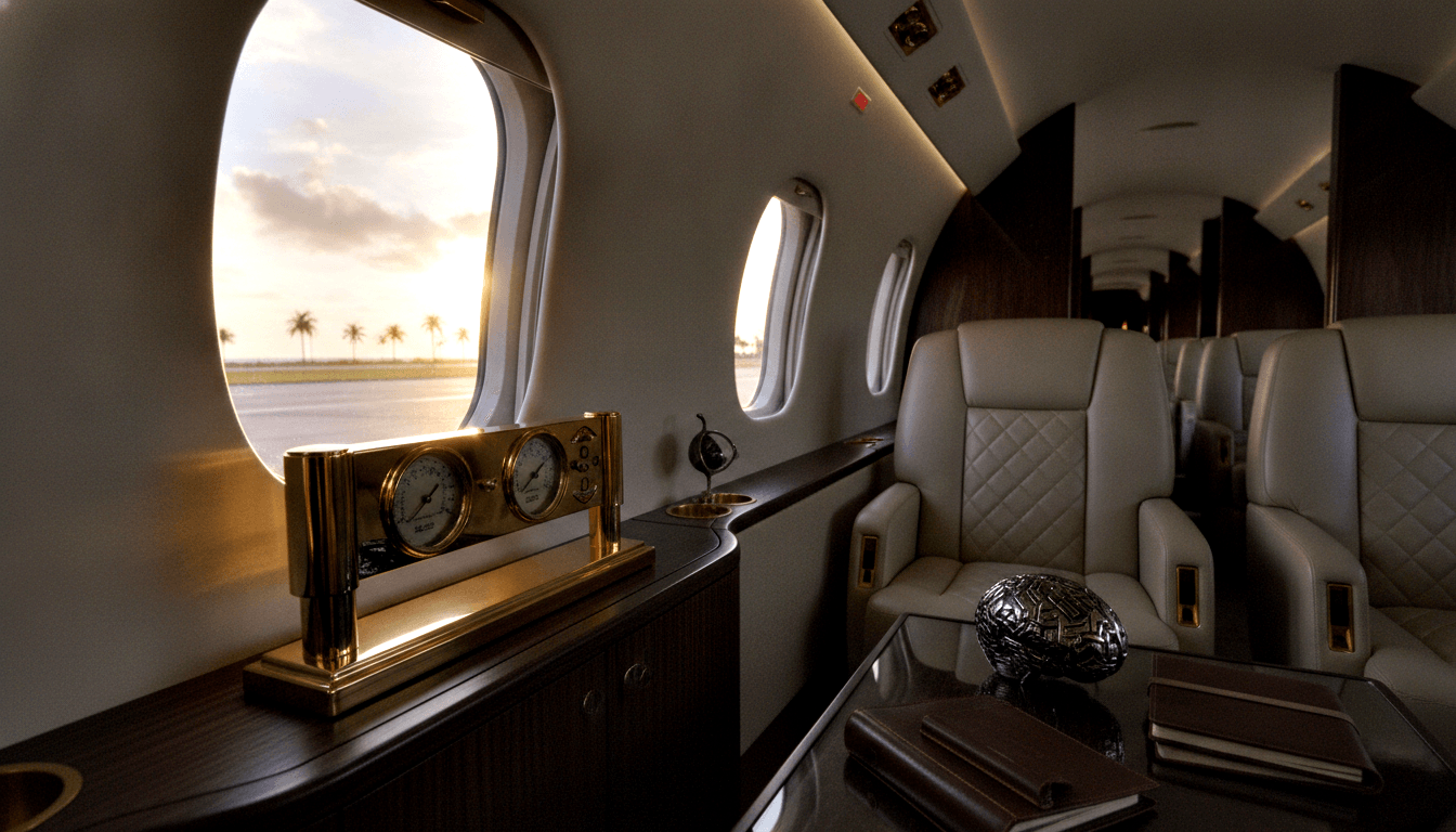 Private jet cabin with cream quilted leather chairs, walnut paneling, brass fittings, amber sunset and palm trees through oval windows.