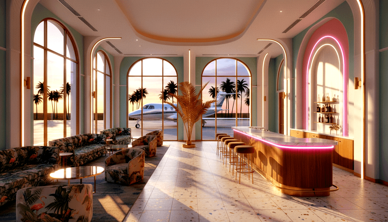 CGI private aviation lounge with curved bar, pink neon lights, tropical sofas, gold palm sculpture, arched windows, sunset tarmac.