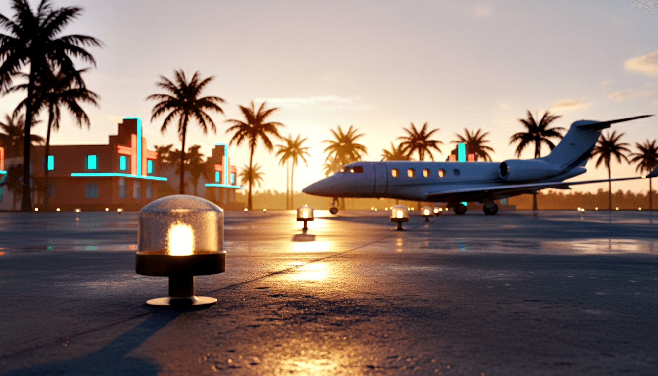 CGI white twin-engine business jet on wet tarmac at golden hour, flanked by Art Deco buildings with teal neon and palm tree silhouettes.