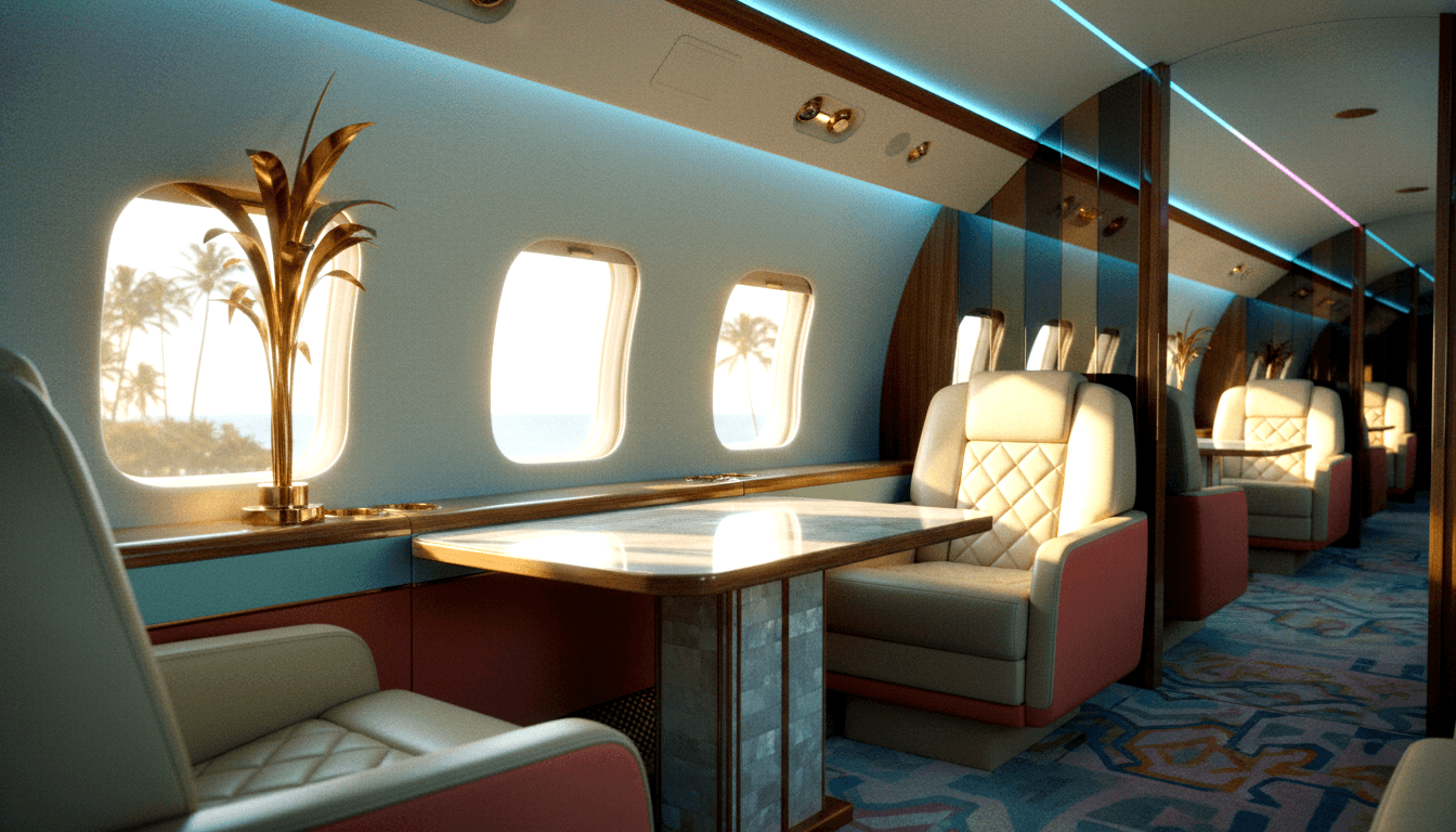 CGI aircraft cabin: cream quilted leather armchairs, burgundy panels, marble table, gold palm sculpture, teal walls, LED strips.