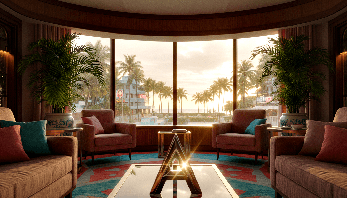 Symmetrical CGI lounge with two mauve armchairs flanking a glass coffee table with a glowing metallic triangular sculpture.