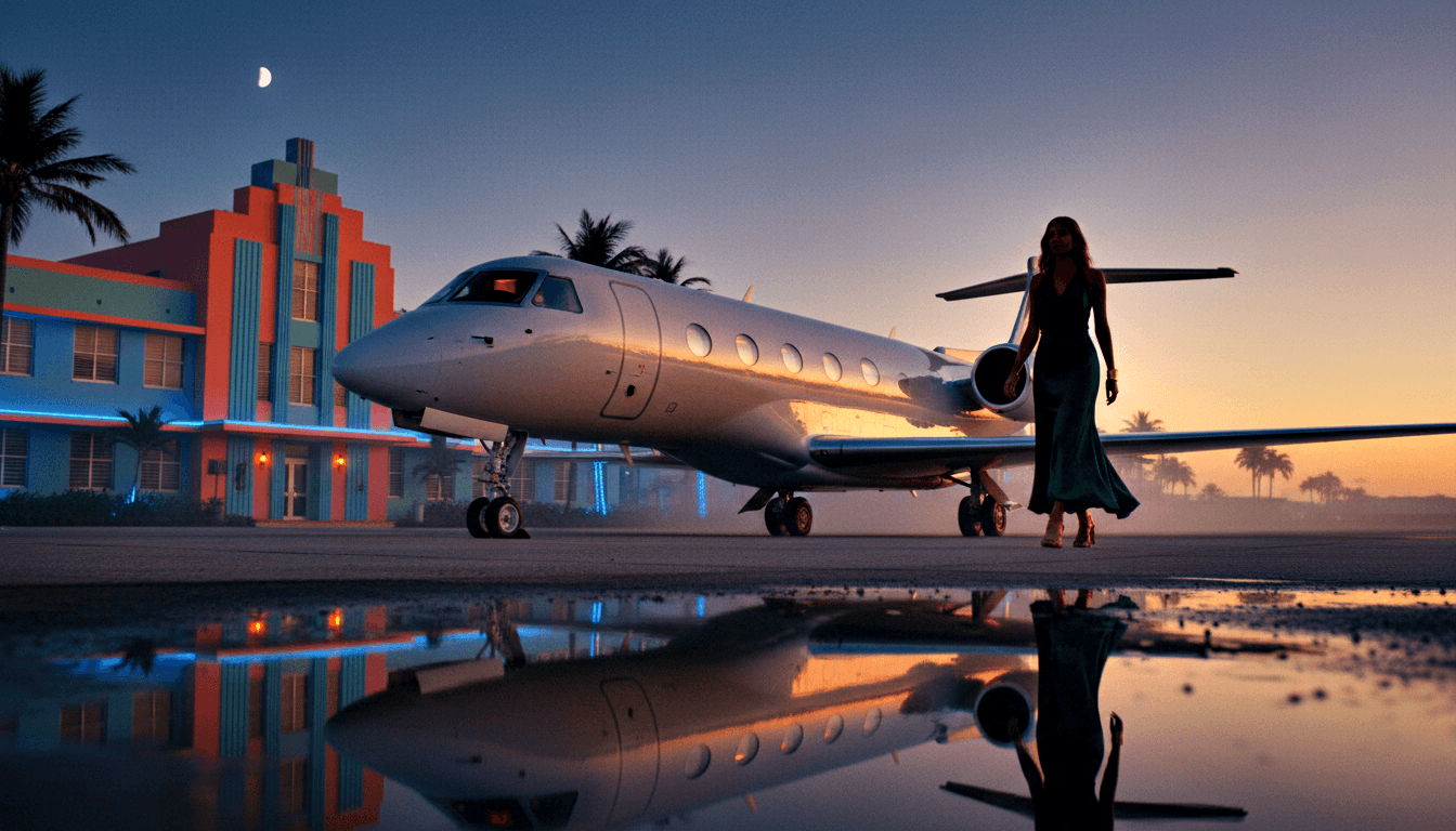Woman in green dress walks beside white private jet on wet tarmac at twilight, coral horizon, crescent moon, Art Deco building left.