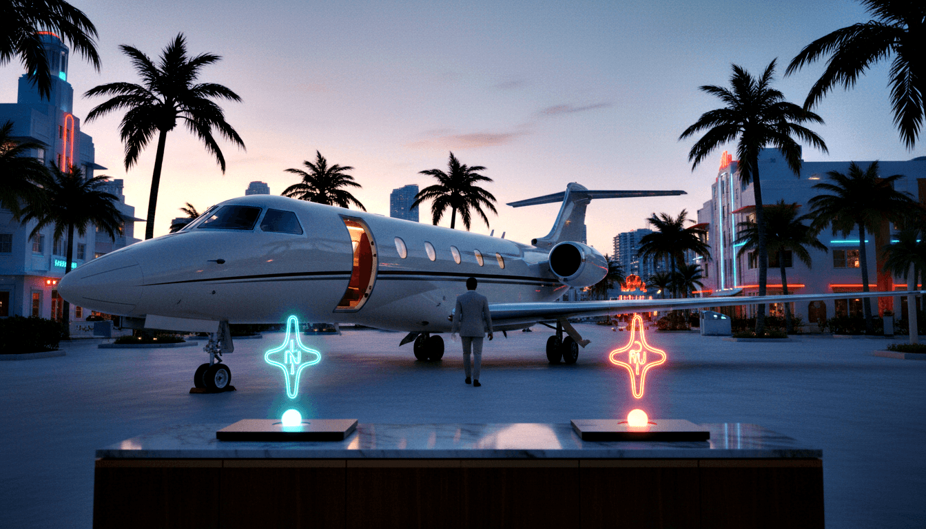 White business jet with open glowing cabin door on a plaza at twilight; man in light suit approaches, two neon airplane sculptures in foreground.