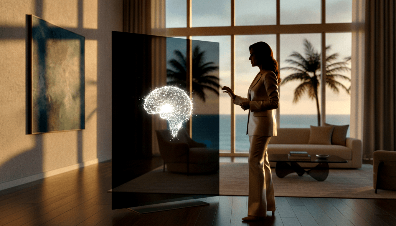 Woman in cream pantsuit stands in profile, right hand raised toward a glowing holographic brain on a transparent panel.