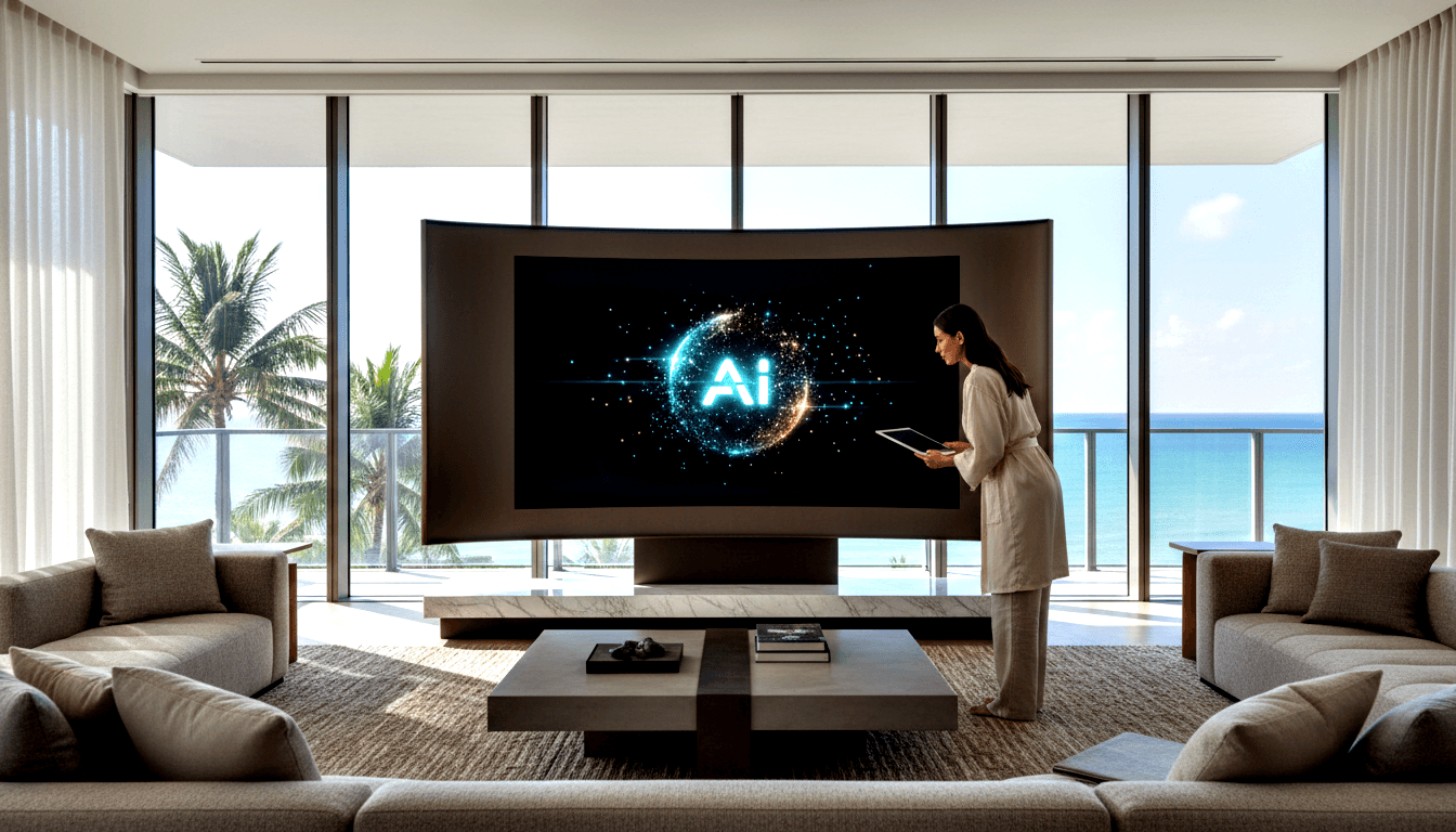 Modern living room with curved TV displaying teal circular particle graphic; dark-haired woman in cream outfit holds tablet beside screen.