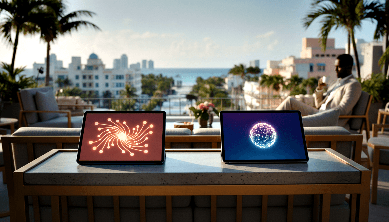 Two tablets showing network and particle-sphere graphics; man in cream suit sits behind them facing a coastal cityscape.