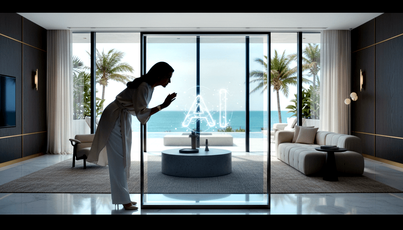 Woman in white wide-leg trousers leans forward, hands raised toward a glowing holographic 'AI' projection above a speaker on a stone pedestal.