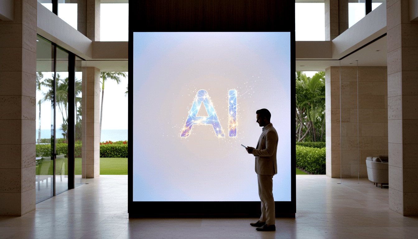 Man in beige suit holding a tablet, silhouetted against a large vertical digital display showing glowing fractured blue letters 'AI'.