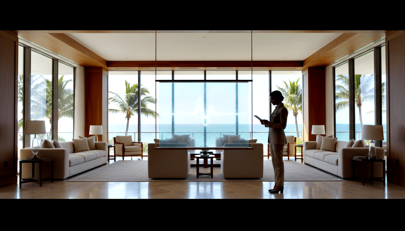 Silhouetted figure with tablet in symmetric lounge; cream sofas, floor lamps, glazed walls, palm trees, turquoise ocean beyond.