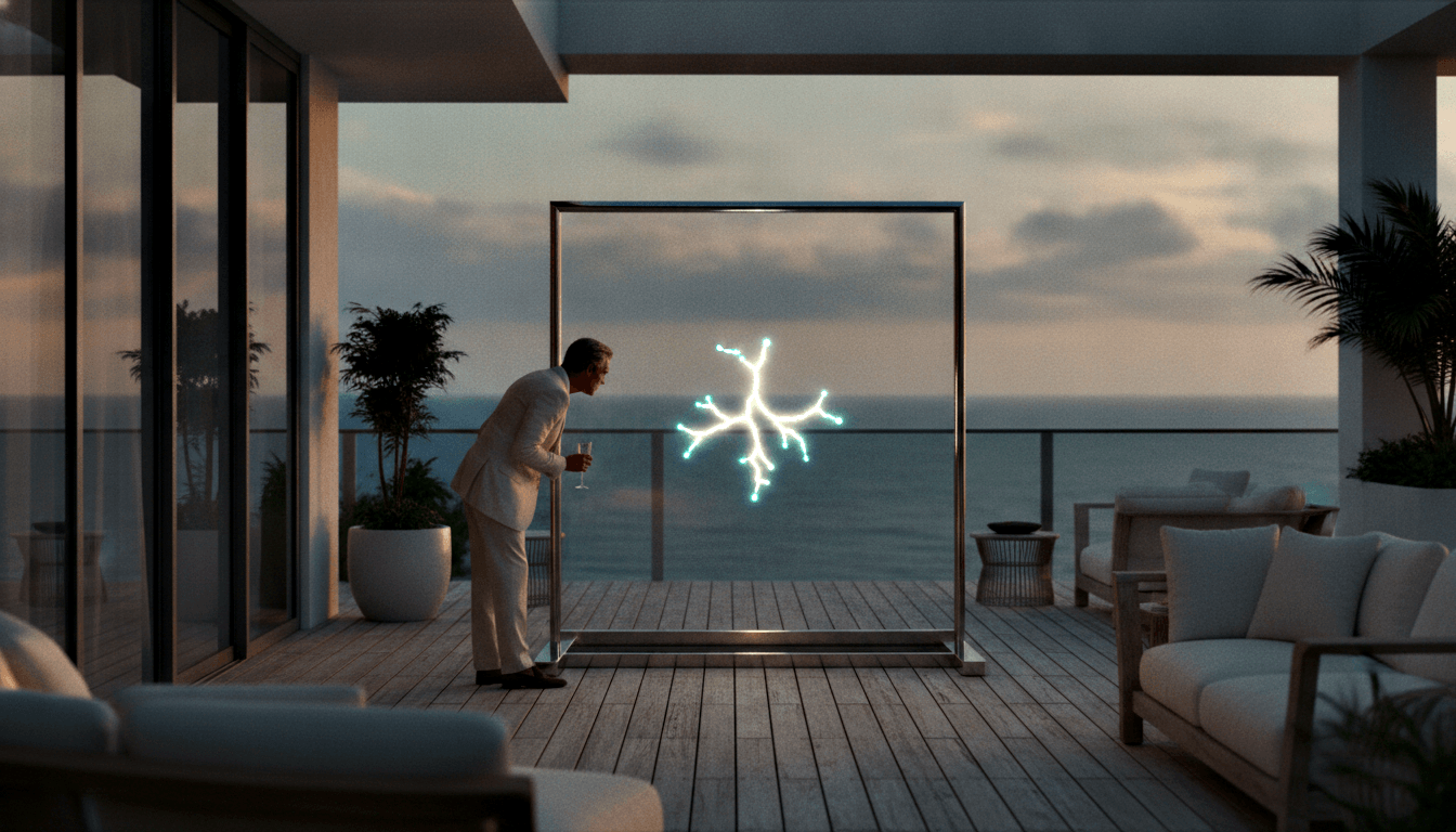 Man in white suit with stemmed glass inspects glowing cyan fractal sculpture in metal frame on high-rise terrace at dusk.
