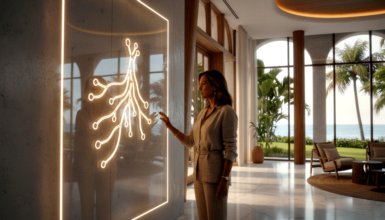 Woman in grey linen suit reaching toward a glowing amber branching neon installation on a concrete wall in a lounge with marble floors.