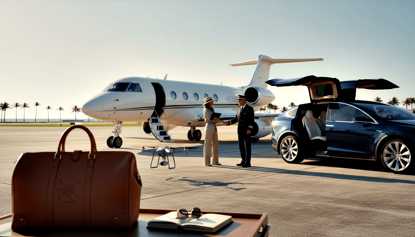 Woman in beige trousers and wide-brimmed hat shakes hands with uniformed man by white private jet and navy SUV at golden hour.