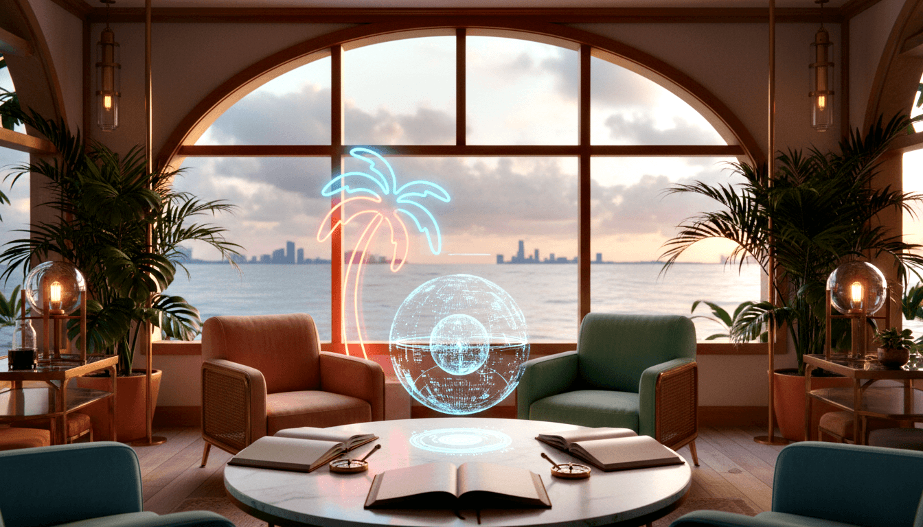 CGI lounge: arched window with dusk water view, holographic globe over marble table, neon palm sign, terracotta and teal armchairs.