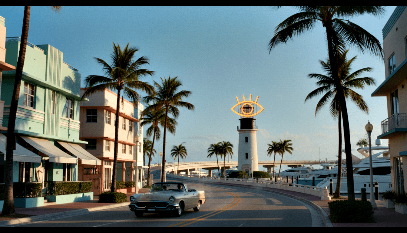 Cream 1950s convertible on palm-lined coastal boulevard toward a lighthouse topped by a neon eye, flanked by Art Deco facades and marina.