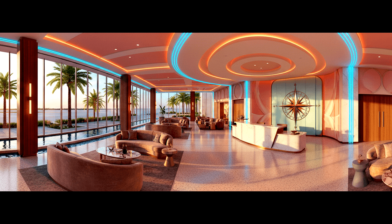 CGI lobby with curved white marble and gold reception desk, blue compass rose panel, brown sofas, and oval ceiling with coral and cyan LEDs.
