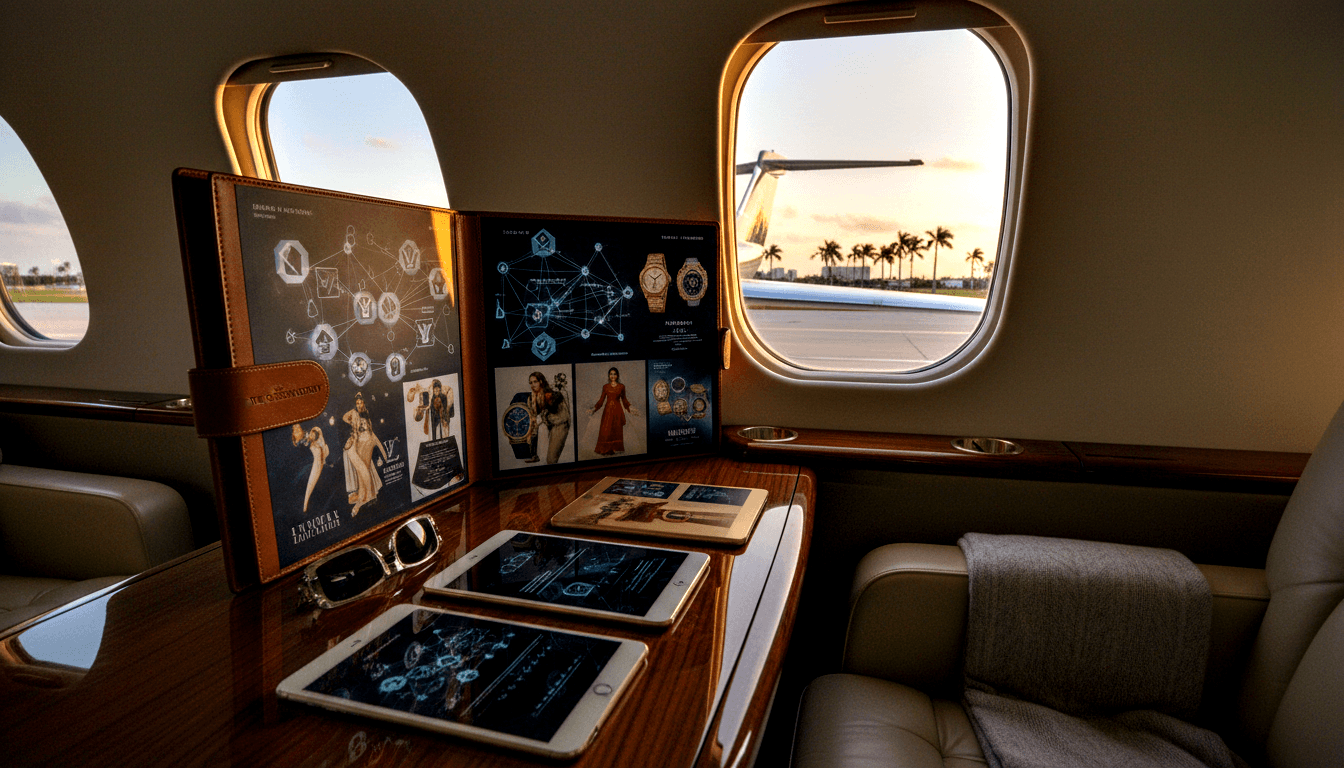 Private jet cabin with tablets, open leather portfolio showing fashion imagery, sunglasses, cream seats, palm tree views.