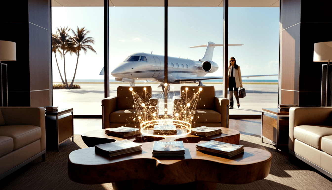 CGI private aviation lounge with leather chairs around a wooden table, golden crown-shaped light filaments rising, business jet outside.