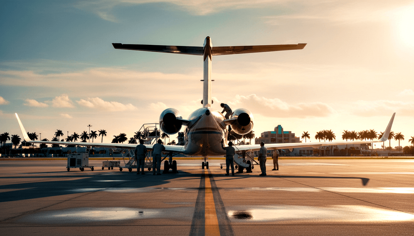 White twin-engine private jet with T-tail on dark tarmac, ground crew at deployed airstairs, palm trees and terminal behind.