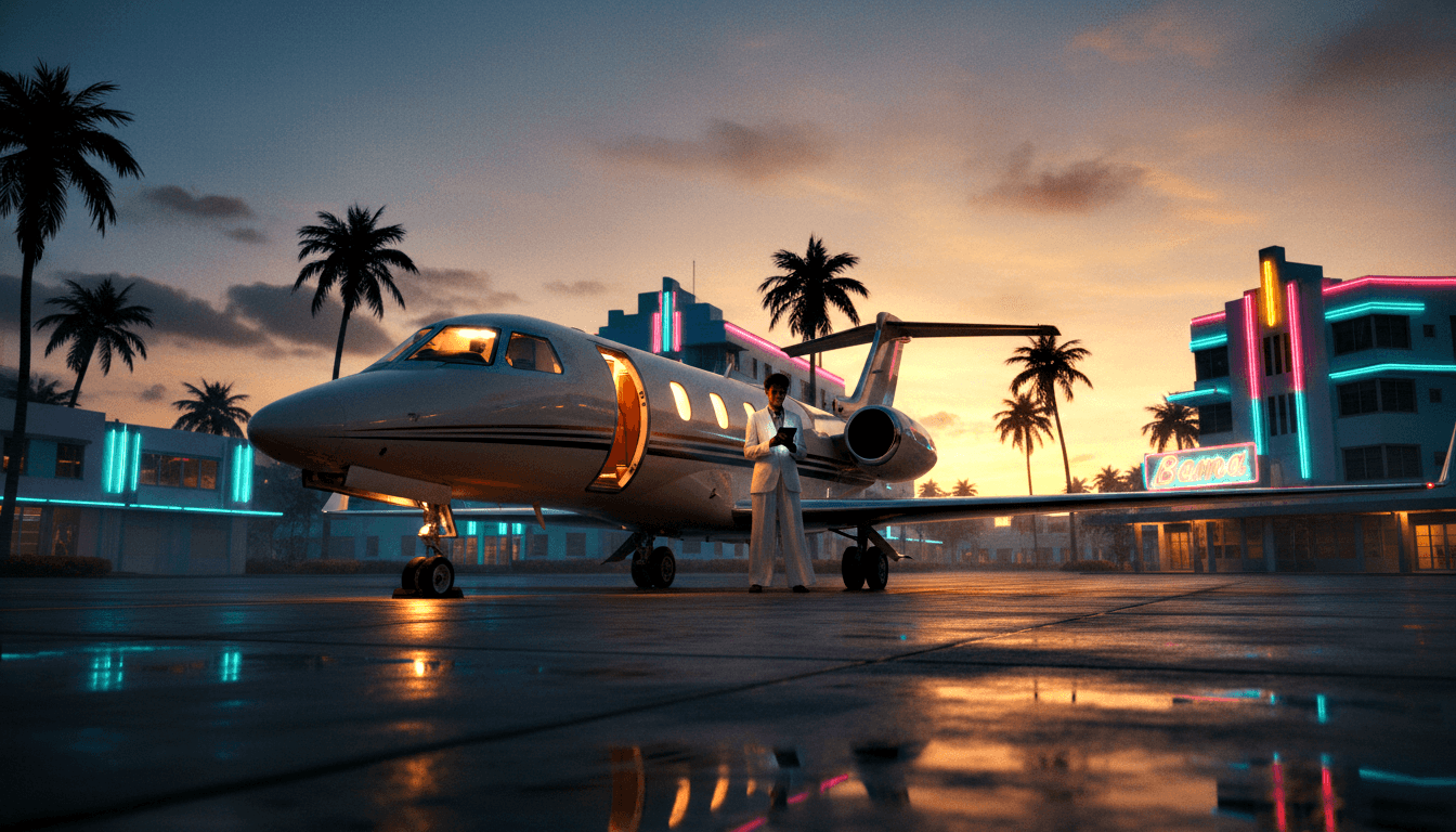White corporate jet with open door on wet reflective tarmac at dusk, one figure in white below, neon-lit Art Deco buildings behind.