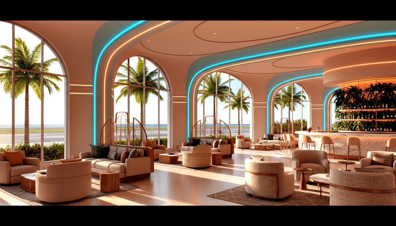 Hotel lounge bar with blush-pink walls, arched floor-to-ceiling windows, rounded sofas, marble bar, and teal and amber ceiling LED strips.