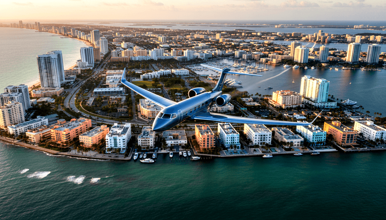 Dark twin-engine business jet banking over a barrier island with teal waterways, marinas, and sandy beach at golden hour.