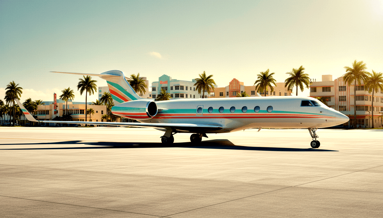 White and silver business jet with teal and coral-orange fuselage stripes, twin rear engines and winglets, parked on sunlit tarmac.