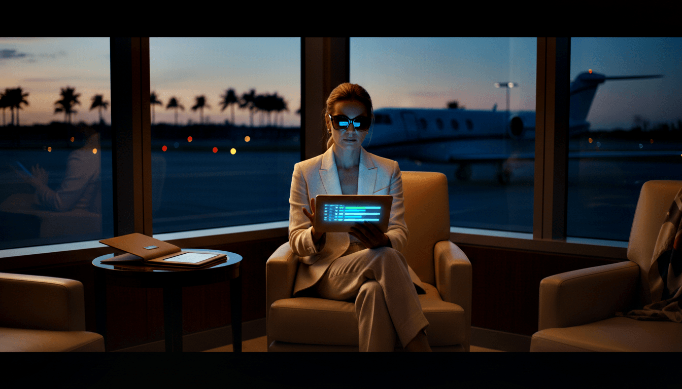 Woman in cream blazer holds glowing cyan tablet in lounge chair; floor-to-ceiling windows show private jet on twilight tarmac.