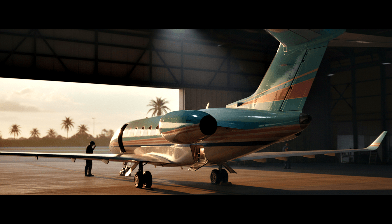 Teal business jet with coral and gold pinstripes in a hangar, rear view, open door with stairs, two figures nearby, palm trees visible outside.