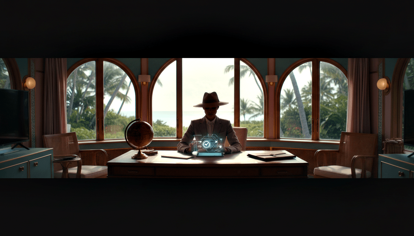 Faceless CGI figure in suit and wide-brimmed hat seated behind wooden desk with glowing cyan holographic device.