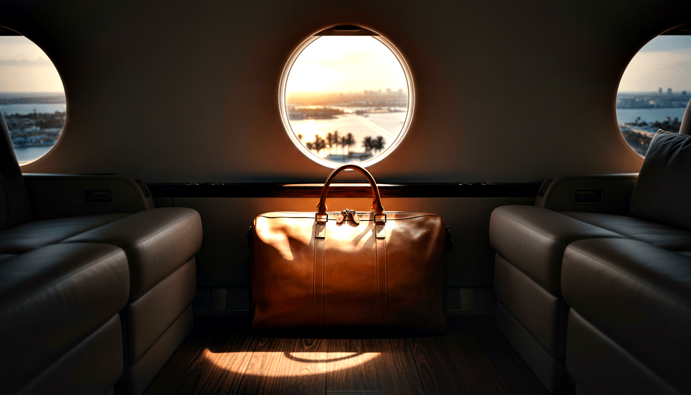 Cognac leather duffle bag with gold hardware on aircraft cabin floor between cream seats, backlit by golden sunset through a round porthole.
