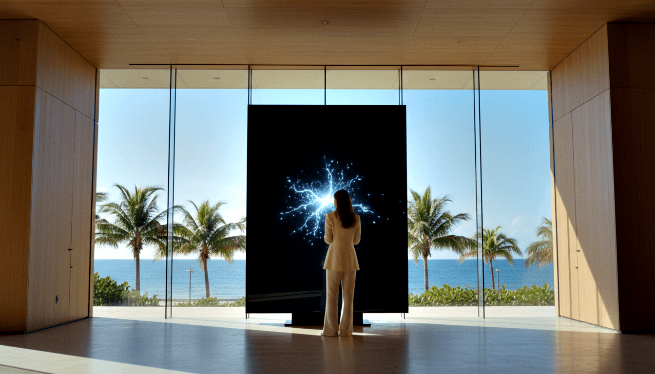 Woman in beige blazer and wide-leg trousers, back to camera, facing a large black screen with glowing cyan branching pattern.