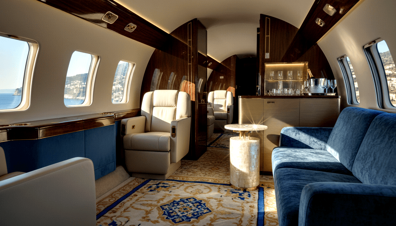 Private jet cabin: cream leather recliners, blue velvet sofa, medallion rug, walnut paneling, rear bar; coastal cliffs through oval windows.