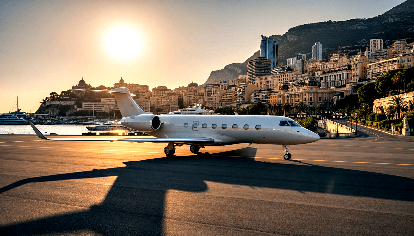 White business jet with twin rear engines on dark tarmac at golden hour, with a coastal city of high-rises and a rocky mountain ridge behind.