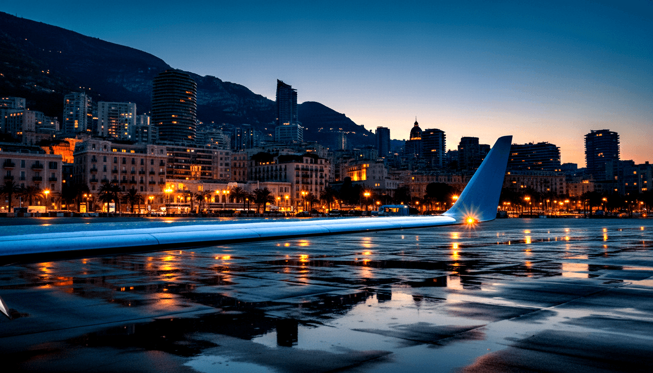 White jet wing with winglet above wet tarmac reflecting amber light, twilight skyline with high-rises, palm trees, and dark mountain silhouette.