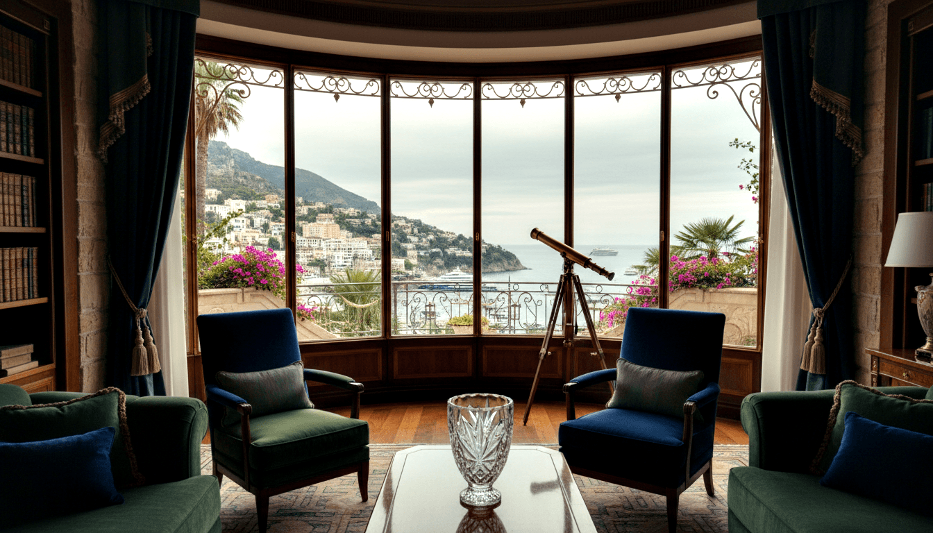 Lounge with navy curtains, velvet armchairs, and brass telescope; bay window overlooks bougainvillea, marina with yachts, and coastal hillside.