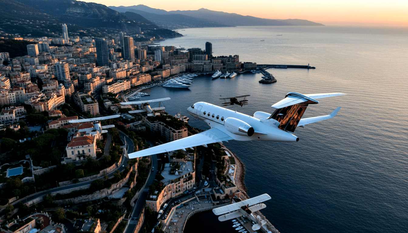 White business jet flying low over a coastal city at golden hour, flanked by three vintage biplanes above a yacht-filled harbor.