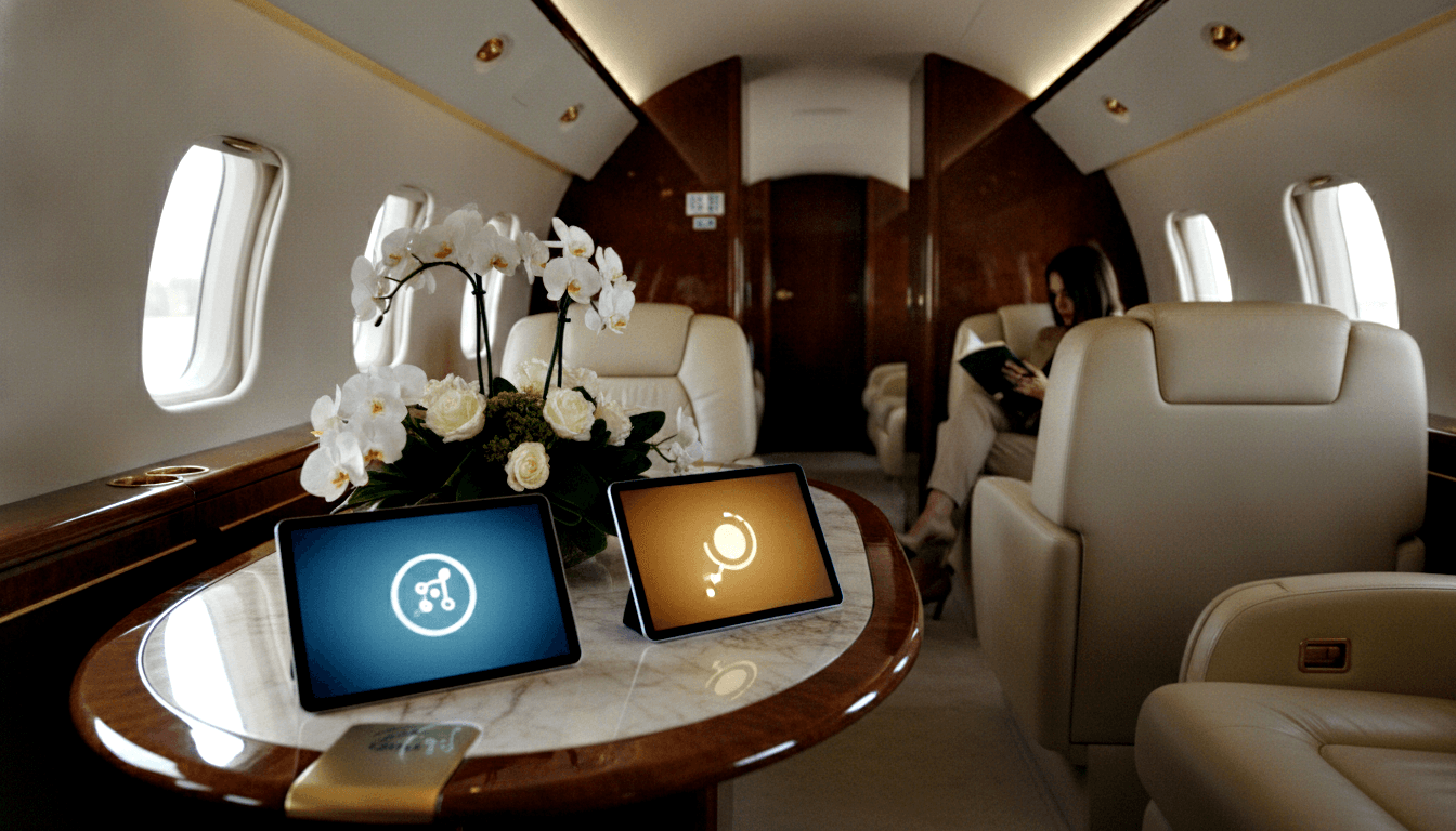 Private jet interior with cream leather chairs, walnut paneling, gold trim, marble oval table holding two tablets and white orchid arrangement.
