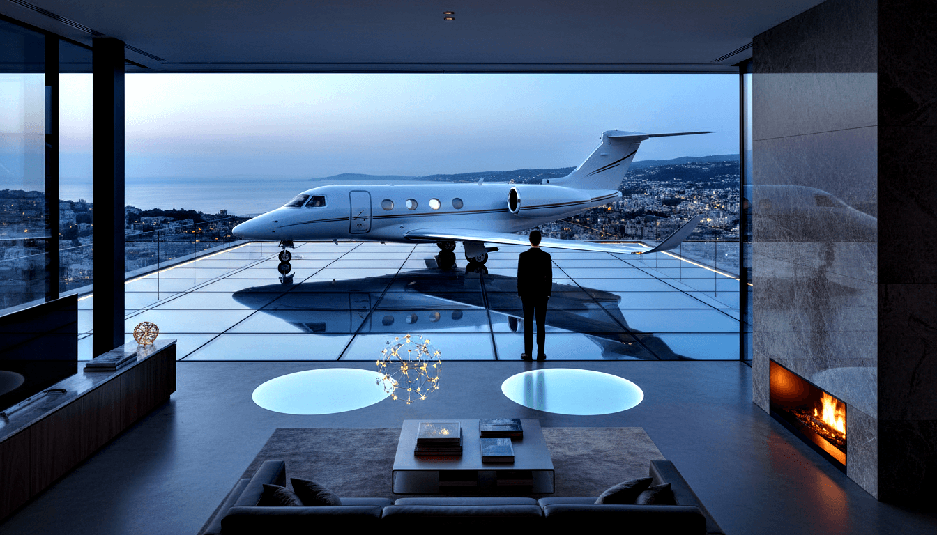 Luxury interior with fireplace and chandelier; figure in dark attire on glass terrace faces white private jet, dusk coastal city beyond.