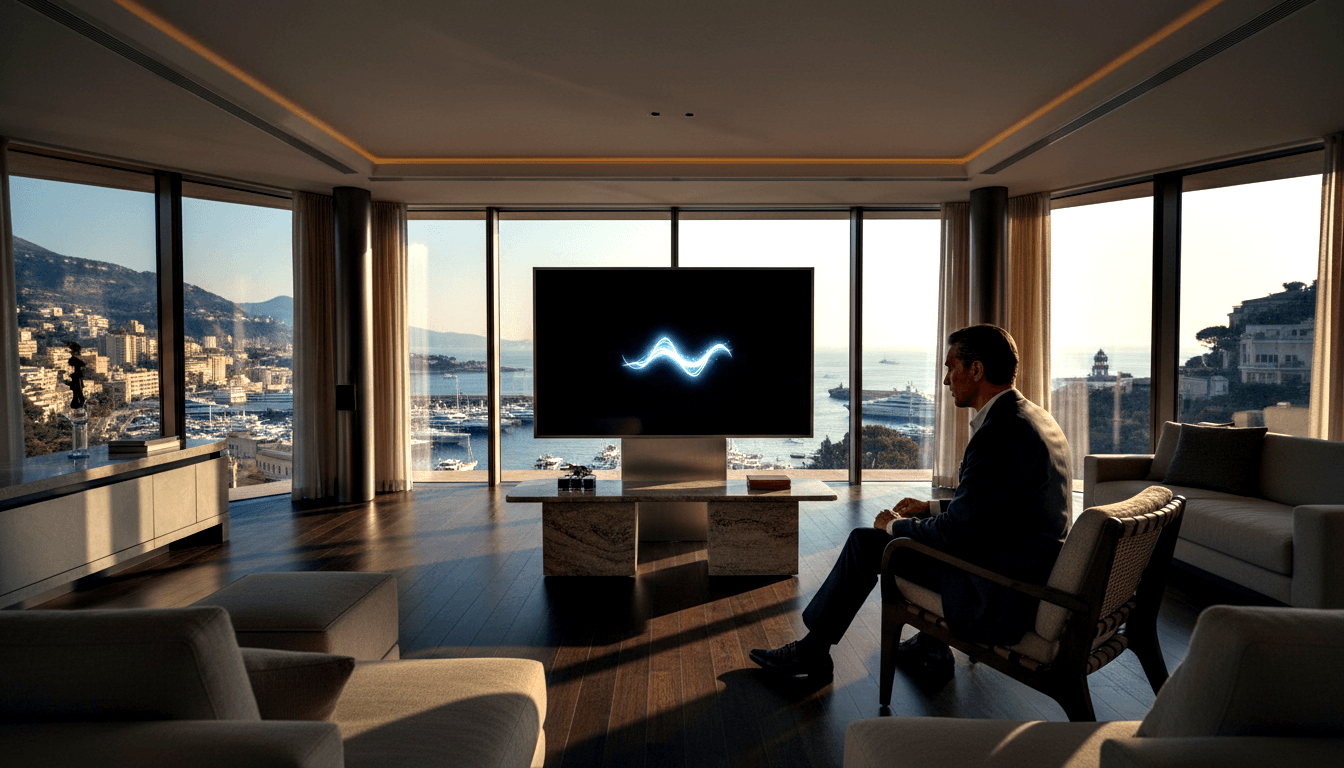 Man in navy suit sits in profile facing wall-mounted screen with cyan waveform; coastal marina cityscape visible through windows.