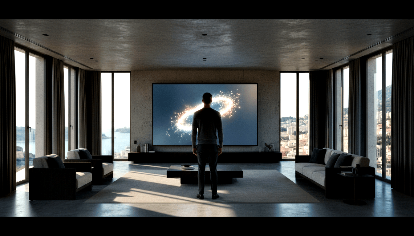 Man from behind in grey top faces wall screen with white-gold spiral in minimalist concrete room with coastal windows.