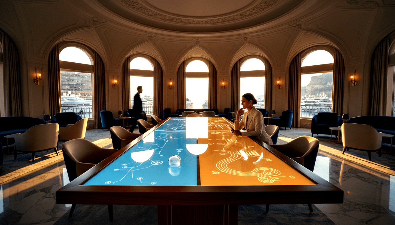 Glowing split cyan and amber interactive table in ornate classical interior; woman in white blazer seated, man silhouetted by harbor windows.