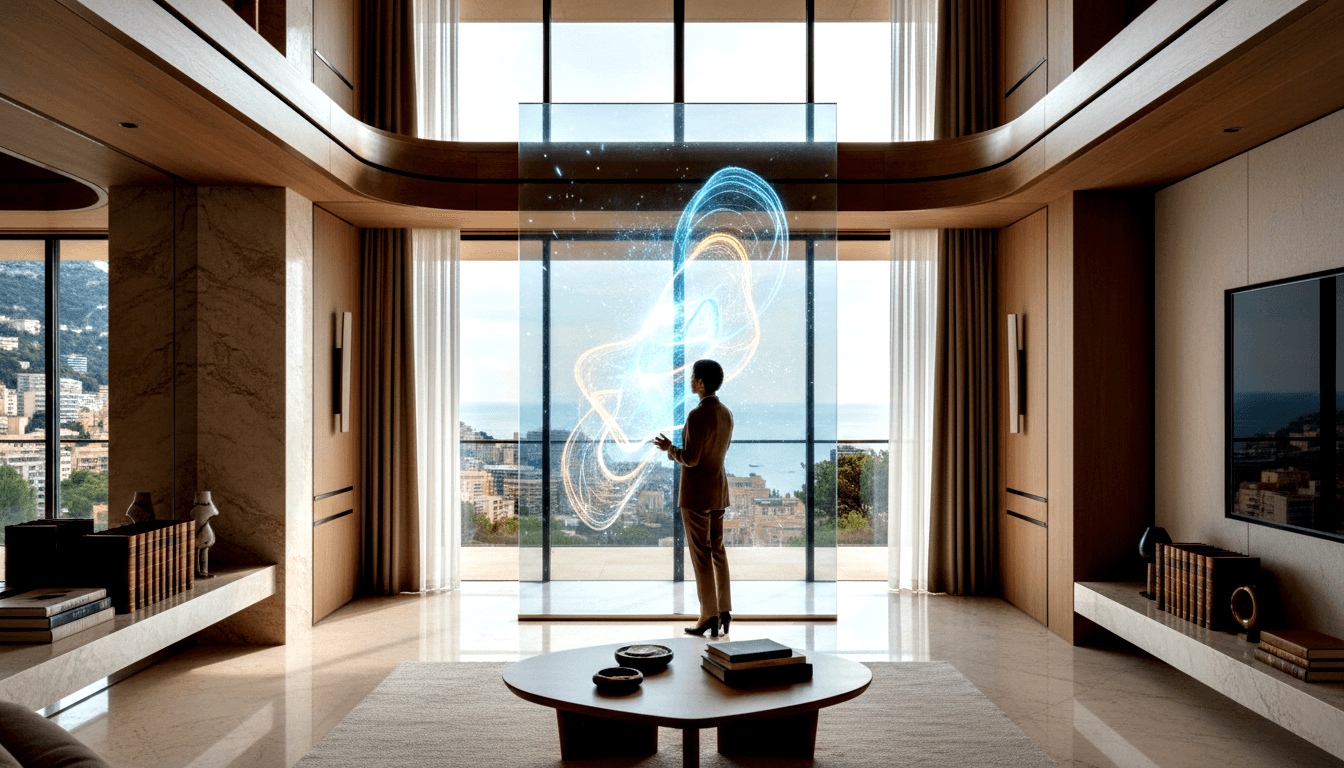 Person in tan suit gestures toward a glowing vertical swirl of interlocking blue and gold light loops in a modern interior with marble floors.