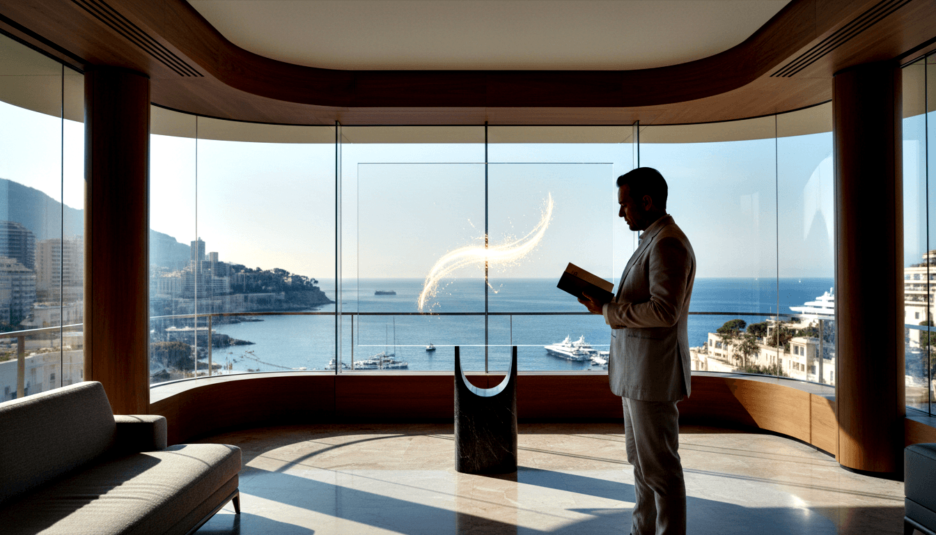 Man in beige suit holds open book in curved glass interior; coastal city, yacht harbor, mountains visible beyond panoramic windows.