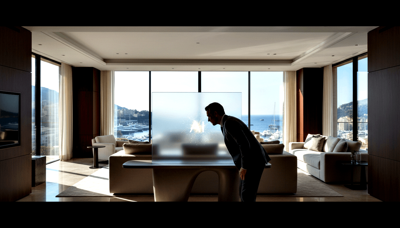 Man in dark suit leans close to a glowing frosted glass panel in a room with cream sofas, dark wood paneling, and marina views.