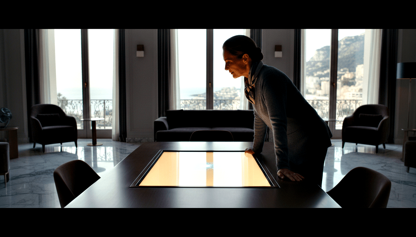Woman in gray cardigan leans over dark table with amber-glowing panel, face lit from below; French doors, coastal cliff view.