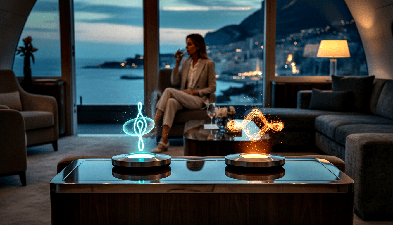 Two metallic disc devices on a glass table projecting holographic sculptures: cyan treble-clef form left, amber sinuous wave right.